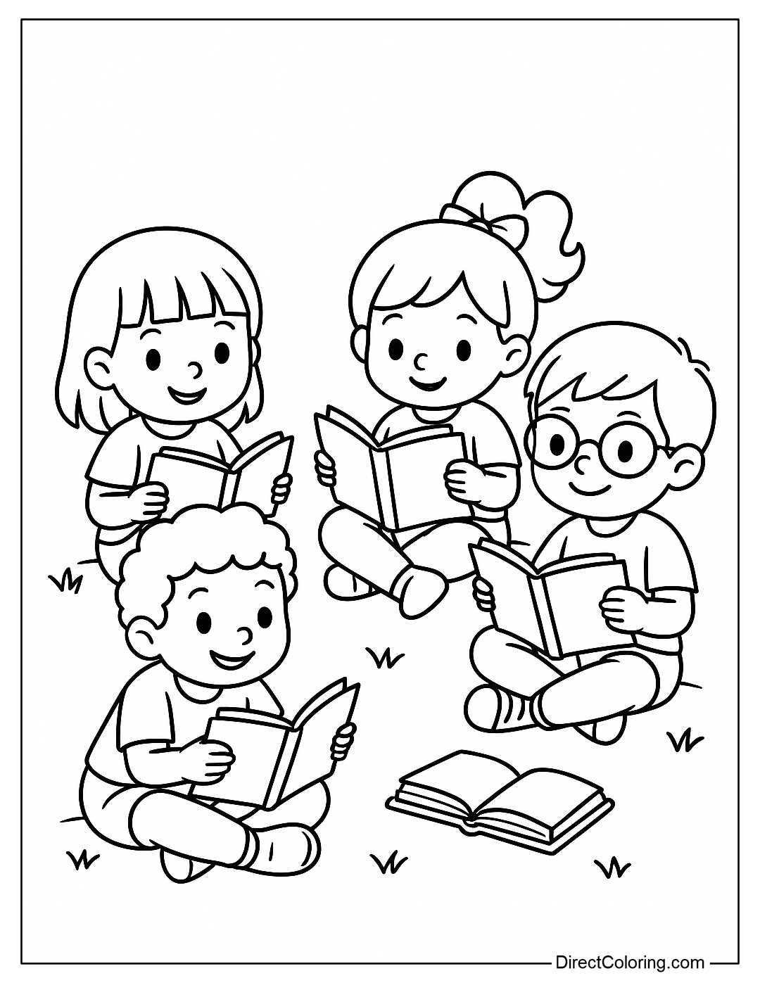 Coloring page of a group of little friends sitting in a circle, each holding a book